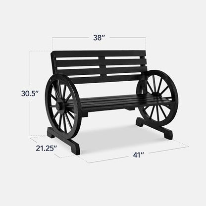 Best Choice Products 2-Person Wooden Wagon Wheel Bench for Backyard, Patio, Porch, Garden, Outdoor Lounge Furniture w/Rustic Country Design, Slatted Seat and Backrest - Black