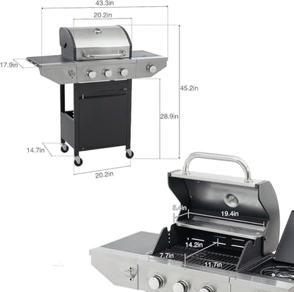 Endark 3-burner propane grill, 37,000 BTU with side-fire function. Stainless steel, enameled cast iron grate, thermometer, wheels. Perfect for patio and garden cooking