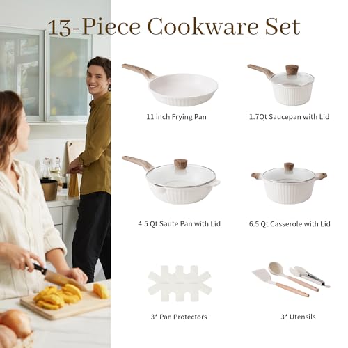 Cuisinluv 13-Piece Nonstick Pots and Pans Set – Granite Stone Kitchen Cookware Set, PFOA-Free – Includes Frying Pans, Saucepans, Sauté Pan – Induction Compatible, White