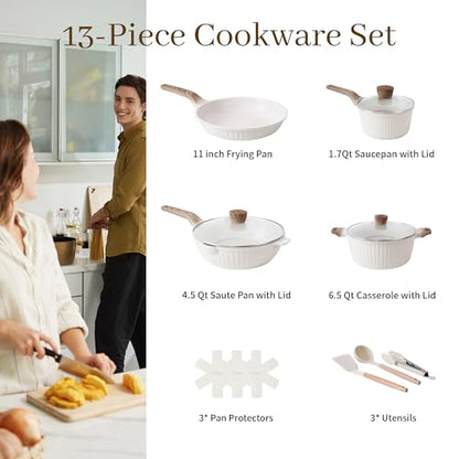 Cuisinluv 13-Piece Nonstick Pots and Pans Set – Granite Stone Kitchen Cookware Set, PFOA-Free – Includes Frying Pans, Saucepans, Sauté Pan – Induction Compatible, White