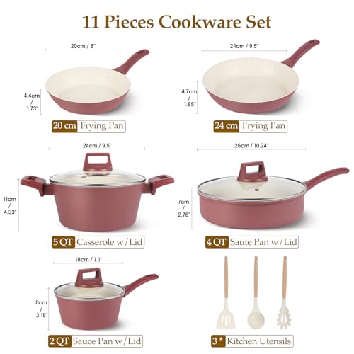 M MELENTA Pots and Pans Set Non Stick, 11-Piece Nonstick Induction Cookware Set, Non-Toxic Kitchen Cooking Set with Frying Pans, Saucepan, Stock Pot, PFOA Free, Red Brown