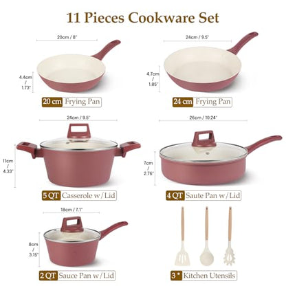 M MELENTA Pots and Pans Set Non Stick, 11-Piece Nonstick Induction Cookware Set, Non-Toxic Kitchen Cooking Set with Frying Pans, Saucepan, Stock Pot, PFOA Free, Red Brown