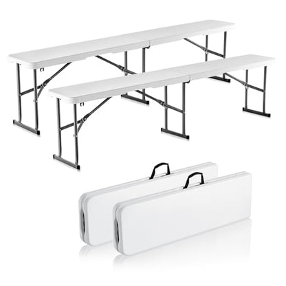 VEVOR Plastic Folding Bench, 6ft Portable Folding Bench, Smooth High Density Polyethylene Waterproof Outdoor Bench, Picnic Camping Table with Handle for Garden Soccer Playtime, White (2 Pack)
