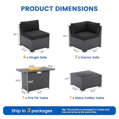 8 Piece Patio Furniture Set with 44” Fire Pit Table with Thickened Cushions