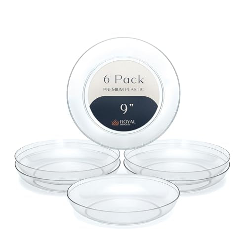 Royal Imports 9" Clear Plastic Saucer Plant Drip Tray, Low Pie Plate, Floral Flower Dish, Wedding, Party, Home and Holiday Decor, 6 Pack