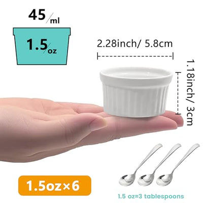 Cinf Mini Dipping Ramekin 1.5 oz Set of 6,Pudding Cup Baking Cup Bowls Dishes, Souffle Cups Dishes, Dipping Sauce,(For Sauces, Not Desserts), Oven, Microwave, Freezer and Dishwasher