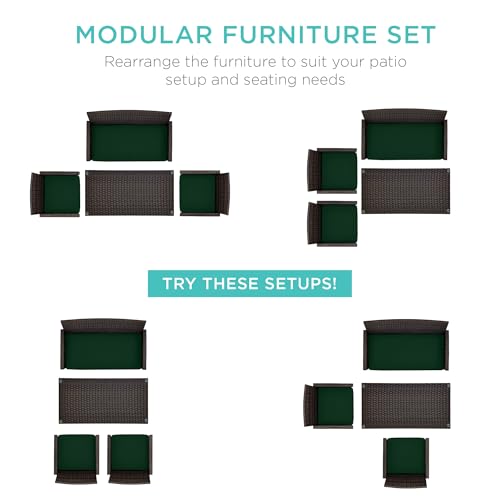 Best Choice Products 4-Piece Outdoor Wicker Patio Conversation Furniture Set for Backyard w/Coffee Table, Seat Cushions - Brown/Midnight Green