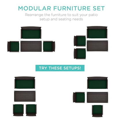Best Choice Products 4-Piece Outdoor Wicker Patio Conversation Furniture Set for Backyard w/Coffee Table, Seat Cushions - Brown/Midnight Green