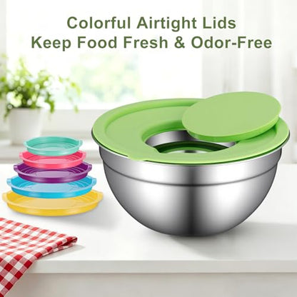 Xyingshine Stainless Steel Mixing Bowls with Lids Set, 6 Nesting Kitchen Bowls 0.7-4 QT, Metal Mixing Bowls with 3 Grater Attachments, Dishwasher Safe for Prep, Mixing, Serving & Storage