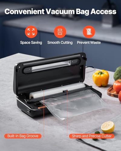 VEVOR Vacuum Sealer Machine, 80Kpa 120W Powerful Compact Food Sealer, 7-in-1 Multi-Functional Food Vacuum Sealer, Automatic Air Sealing System with Built-in Cutter with 10 Vacuum Bags & 1 Bag Roll