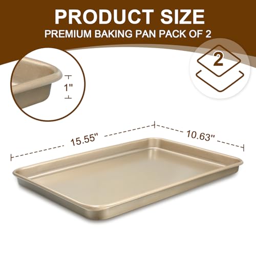 Baking Sheet Pan Set of 2, Wildone Commercial Cookie Sheets for Baking, Nonstick Carbon Steel Jelly Roll Pan Oven Tray 15x10 Inch, Heavy Duty & Easy Clean