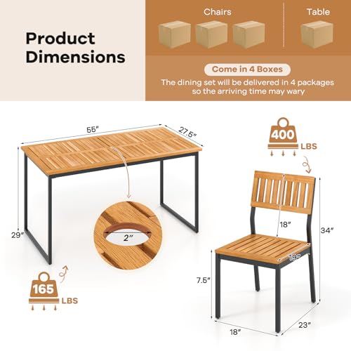 Tangkula 7 Piece Outdoor Dining Set for 6, Acacia Wood Rectangular Dining Table & 6 Armless Chairs w/Metal Frame, Umbrella Hole, Farmhouse Dining Furniture Set for Garden Porch Poolside