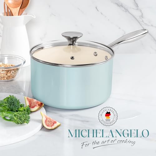 MICHELANGELO 3 Quart Saucepan with Lid - Non Toxic Sauce Pan with Nonstick Ceramic Coating, Scratch-Resistant, Induction Saucepan Suitable for All Stovetops, Light Blue