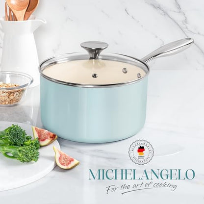 MICHELANGELO 3 Quart Saucepan with Lid - Non Toxic Sauce Pan with Nonstick Ceramic Coating, Scratch-Resistant, Induction Saucepan Suitable for All Stovetops, Light Blue