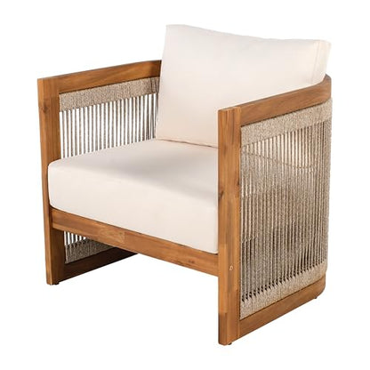 Christopher Knight Home Nylan 7-Seater Patio Furniture Set with Removable Cushion, 5 Piece Outdoor Acacia Wood Conversation Set, Solid Wood Outdoor Sectional Sofa Set with Coffee Table, Teak+Beige