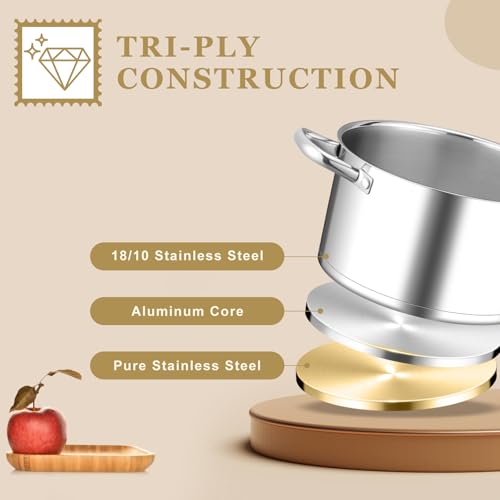 Leonyo 6QT Stock Pot with Lid, Stainless Steel Soup Pasta Pot for Home Kitchen Restaurant, Tri-Ply Bottom Stockpot for Canning, Boiling, Simmer, Dishwasher Safe