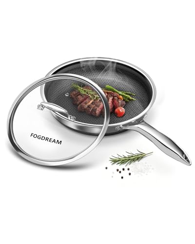 FogDream 12 Inch Nonstick Frying Pan with Lid, Honeycomb Hybrid Stainless Steel Skillet, Tri-Ply Induction Compatible, Non Toxic Frying Pan, Oven Safe, Dishwasher Safe, Silver