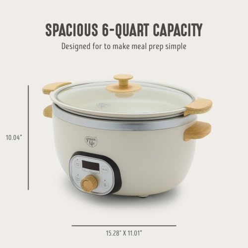 GreenLife 6QT Slow Cooker, Non-Toxic PFAS-Free Ceramic Nonstick Removable Interior Bowl, Programmable, Family Friendly, Keep Warm, Stovetop & Oven Safe, Dishwasher Safe Crock, Timer, Glass Lid, Cream