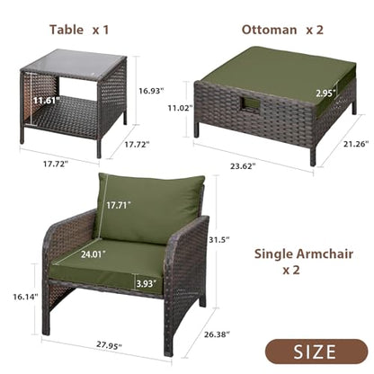 LEVELEVE Balcony Furniture 5 Piece Patio Conversation Set, PE Wicker Rattan Outdoor Lounge Chairs with Soft Cushions 2 Ottoman&Glass Table for Porch, Lawn-Brown Wicker（Army Green