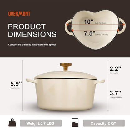 Overmont Enameled Cast Iron Dutch Oven - Heart-Shaped Pot with Lid Cookbook & Cotton Pot Holders - Mini Cookware Oven Safe to 500°F for Sourdough Baking Soups Stews - Great Gift for Wedding Birthday Housewarming 2QT White