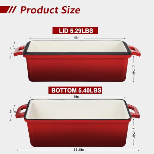Wildone Enameled Cast Iron Bread Loaf Pan with Lid, 9x5 Sourdough Baking Pans for Homemade Bread, Cake, Meatloaf, Even Heating Bread Pans, 2-Piece Set, Red