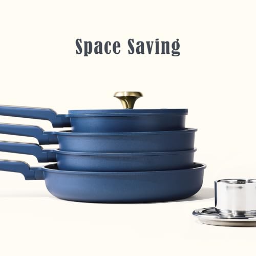 CAROTE Ceramic Cookwar Set, Pots and Pan Set Non Stick 16 Piece, Cookware Set Kitchen Cooking Set Non Toxic, PFAS PTFE Free, Blue
