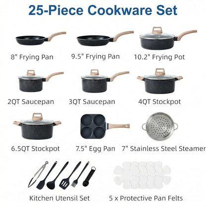 Simple Deluxe 25Pcs Ceramic Cookware Set, Nonstick & Non-Toxic Healthy Pots and Pans, Heat-Resistant Handles, Induction Cookware Sets with Frying Pans, Black