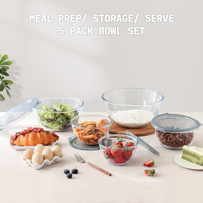 Cuiselect 5pc Glass Mixing Bowls with Lids Set (4.65QT, 2.80QT, 1.64QT, 1.16QT, 0.85QT), Nesting Salad Bowl, Large Glass Mixing Bowl for Cooking, Baking, Prepping-Dishwasher Microwave Freezer Safe