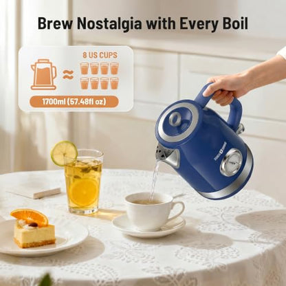 Electric Tea Kettle Retro‑Blue, 57oz Hot Water Pot with Thermometer