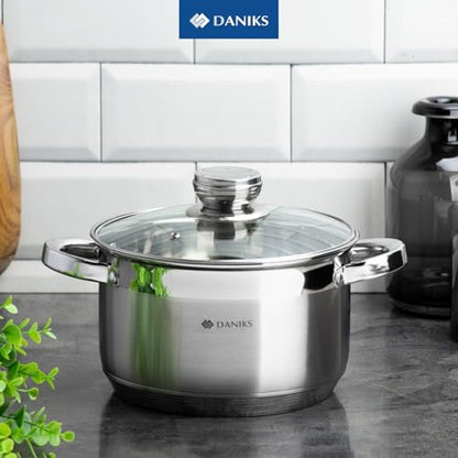 Daniks Standard 10 Quart Stainless Steel Stock Pot with Glass Lid, Tri-Ply Bottom for Even Heating, Induction Compatible, Dishwasher Safe, Built-In Measuring Scale, Silver
