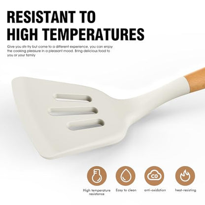 AVGPD Silicone Cooking Utensils Set, Silicone Utensils for Cooking, 446° Heat Resistant Kitchen Utensil Silicone Spatula Sets, Kitchen Gadgets for Non-Stick Cookware BPA FREE (Cream White)