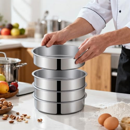 Ohtomber 8 Inch Cake Pan - Set of 4 Stainless Steel Round Layer Cake Baking Pans Molds, Tins, Stackable Baking Set, Even Heating, Dishwasher Safe Non-Toxic Bakeware Dish for Birthday Wedding Christmas