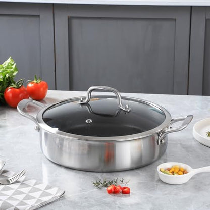 Yeksum Tri-Ply Stainless Steel 5 Quarts Saute Pan, 12.5 Inch Nonstick Skillet with lids, Hybird Large Frying Pan,18/10 Chef's Cooking Pan, Induction Pan, Dishwasher and Oven Safe