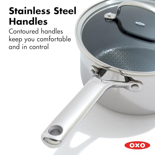OXO Hybrid 2.5QT Nonstick Saucepan with Glass Lid, PFAS-Free Ceramic Chef Pot, Oven Safe to 850F, Induction & All Cooktop Compatible, Dishwasher Safe, Mirror Polished Tri-Ply