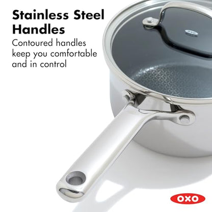 OXO Hybrid 2.5QT Nonstick Saucepan with Glass Lid, PFAS-Free Ceramic Chef Pot, Oven Safe to 850F, Induction & All Cooktop Compatible, Dishwasher Safe, Mirror Polished Tri-Ply