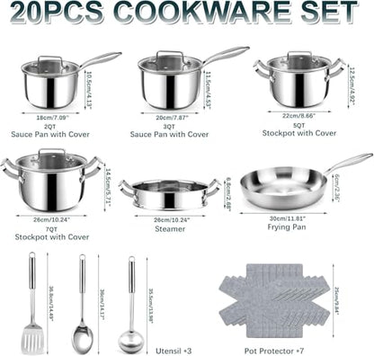 Fruikit Stainless Steel Cookware Set - 20 PCS Pots and Pans Set with 3-Ply Stainless Steel Frying Pan, Professional Kitchen Cooking Set, Induction Compatible, Oven & Dishwasher Safe