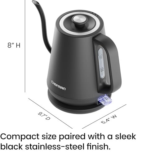 Chefman Gooseneck Electric Kettle, 0.8L Pour Over Tea Kettle for Coffee and Tea, One-Touch Operation, Boil-Dry Protection, Auto Shut-Off, Ultra-Fast Hot Water Boiler – Black