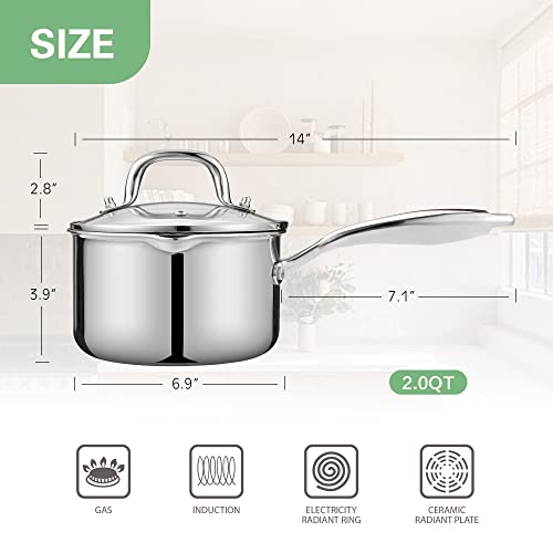 Fracoda 2.0 Quart Stainless Steel Pot Saucepan with Glass Strainer Lid, Sauce Pot with Two Side Spouts, Induction Cooking Pot, Multipurpose Sauce Pan with Lid for Cooking