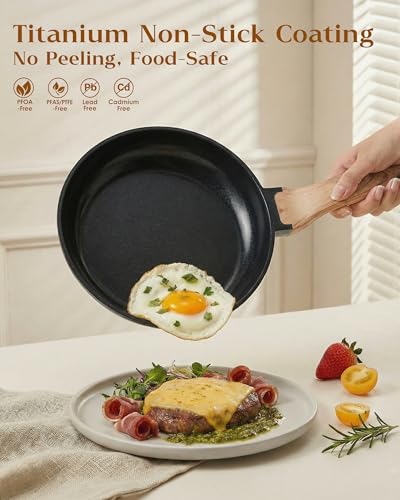 FDN 16Pcs Titanium Pots and Pans Set,Toxic-Free Cookware Set, Dishwasher & Oven Safe, Induction Compatible with Bakelite Wood Grain Handle, Compact and Durable