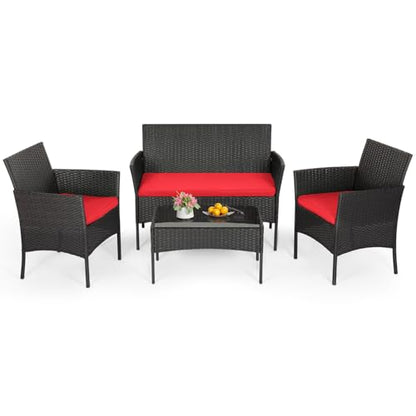 FDW 4-Piece Patio Furniture Set | Red | Outdoor Wicker Furniture