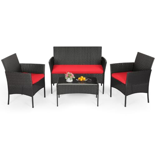 FDW 4-Piece Patio Furniture Set | Red | Outdoor Wicker Furniture