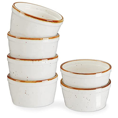 ONEMORE 12 oz Ramekins Oven Safe - Set of 6 Speckled Ceramic Souffle Dishes with Brown Rim for Baking Creme Brulee, French Onion Soup, Pot Pies, and More | Rustic Design with Warm Cream Glaze