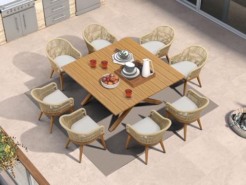 PURPLE LEAF 9 Pieces Patio Dining Set with Square Aluminum Table, Teak