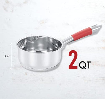 Concord 2 Quart Stainless Steel Saucepan with SIMPLE POUR Vented Glass Lid. Features Dual Pouring Spouts and Volume Marking. Perfect for making Sauces, Jam, Ramen, and more