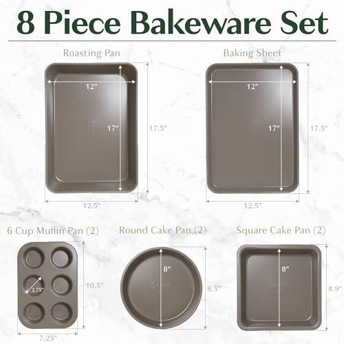 Goodful All-In-One Nonstick Bakeware Set, Stackable and Space Saving Design includes Round and Square Pans, Muffin Pans, Cookie Sheet and Roaster, Dishwasher Safe, 8-Piece, Linen