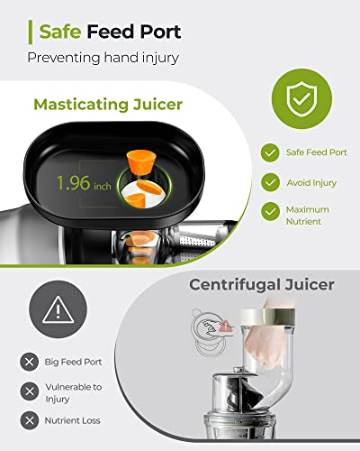 Juicer, Jocuu Slow Masticating Juicer Machines Easy to Clean, Soft/Hard Two Speed Quiet Motor Reverse Function Anti-Clogging, Cold Press Juice Extractor with Brush & Recipes