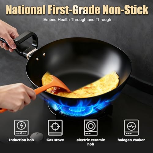 KALAWW Carbon Steel Wok Pan, Non-stick sauté pan Nitriding Process,13 Inch Woks & Stir-fry Pans Nonstick with Ergonomic Handle, Cookware, Pots and Pans,Versatile Bottom Chinese Woks for All Stoves