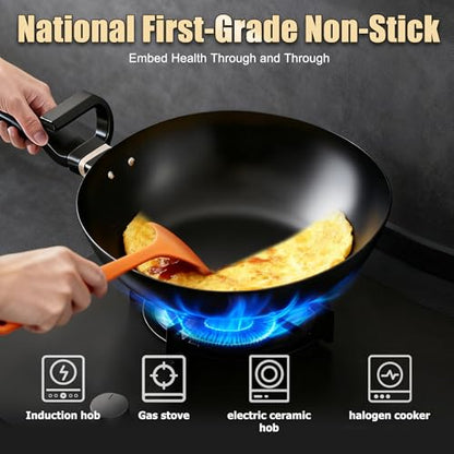 KALAWW Carbon Steel Wok Pan, Non-stick sauté pan Nitriding Process,13 Inch Woks & Stir-fry Pans Nonstick with Ergonomic Handle, Cookware, Pots and Pans,Versatile Bottom Chinese Woks for All Stoves