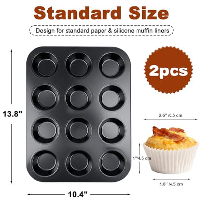 Smile Tree Muffin Pan & Cupcake Pan, 2 Pack 12-Cup Muffin Tin for Baking with 120 Cupcake Liners, Nonstick Heavy Duty Carbon Steel Cupcake Tins, Scratch Resistant Baking Pans Set for Family & Party