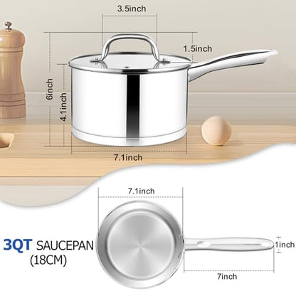 TeamFar Saucepan, 3 qt Stainless Steel Sauce Milk Pan & Lid with Tri-ply Bottom, Home/Kitchen Induction Pot for Cooking/Boiling/Warming/Stewing, Healthy & Heavy Duty, Dishwasher Safe